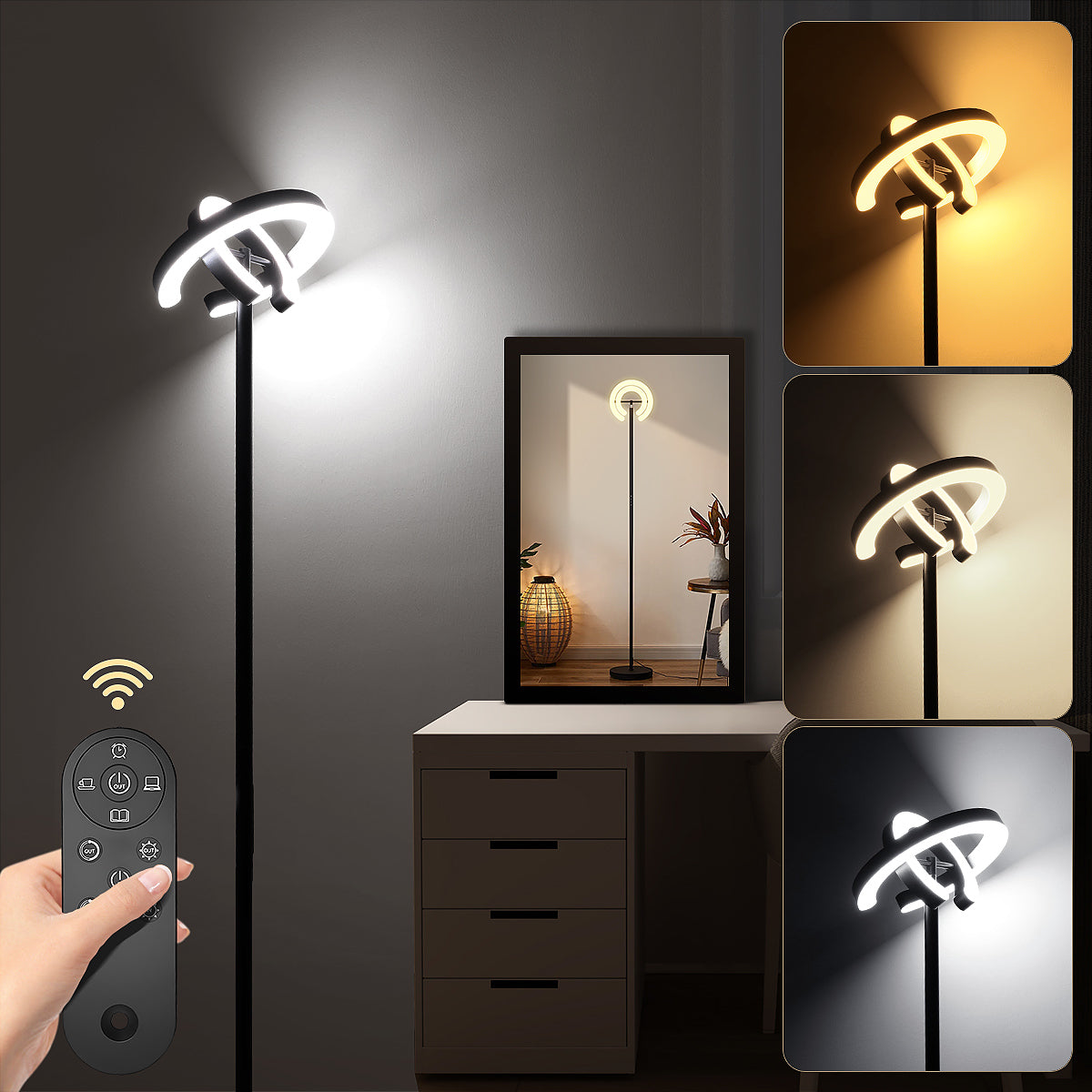 Modern Standing LED Floor Lamp with 2 Rotatable Lights, Remote & Touch Control, Bright Stepless Dimmable, Ideal for Living Room