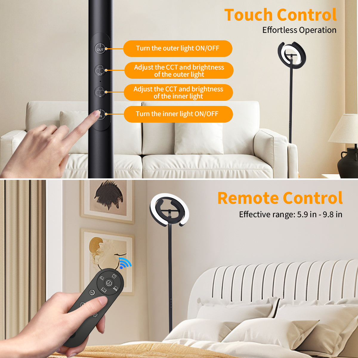 Modern Standing LED Floor Lamp with 2 Rotatable Lights, Remote & Touch Control, Bright Stepless Dimmable, Ideal for Living Room