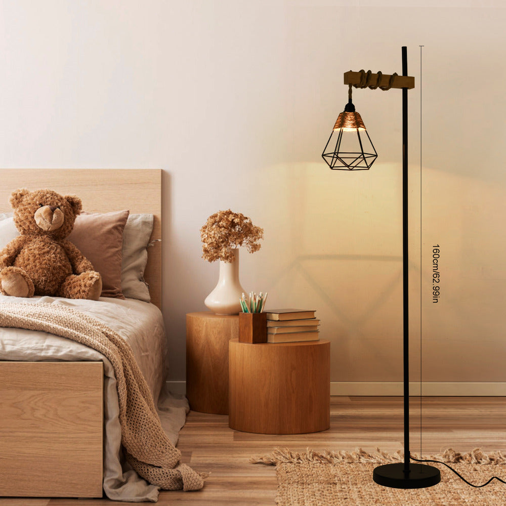110V Retro Smart Floor Lamp Durable Tall Standing Lamp Adjustable Height with Rattan Lampshade & Extended Power Cord
