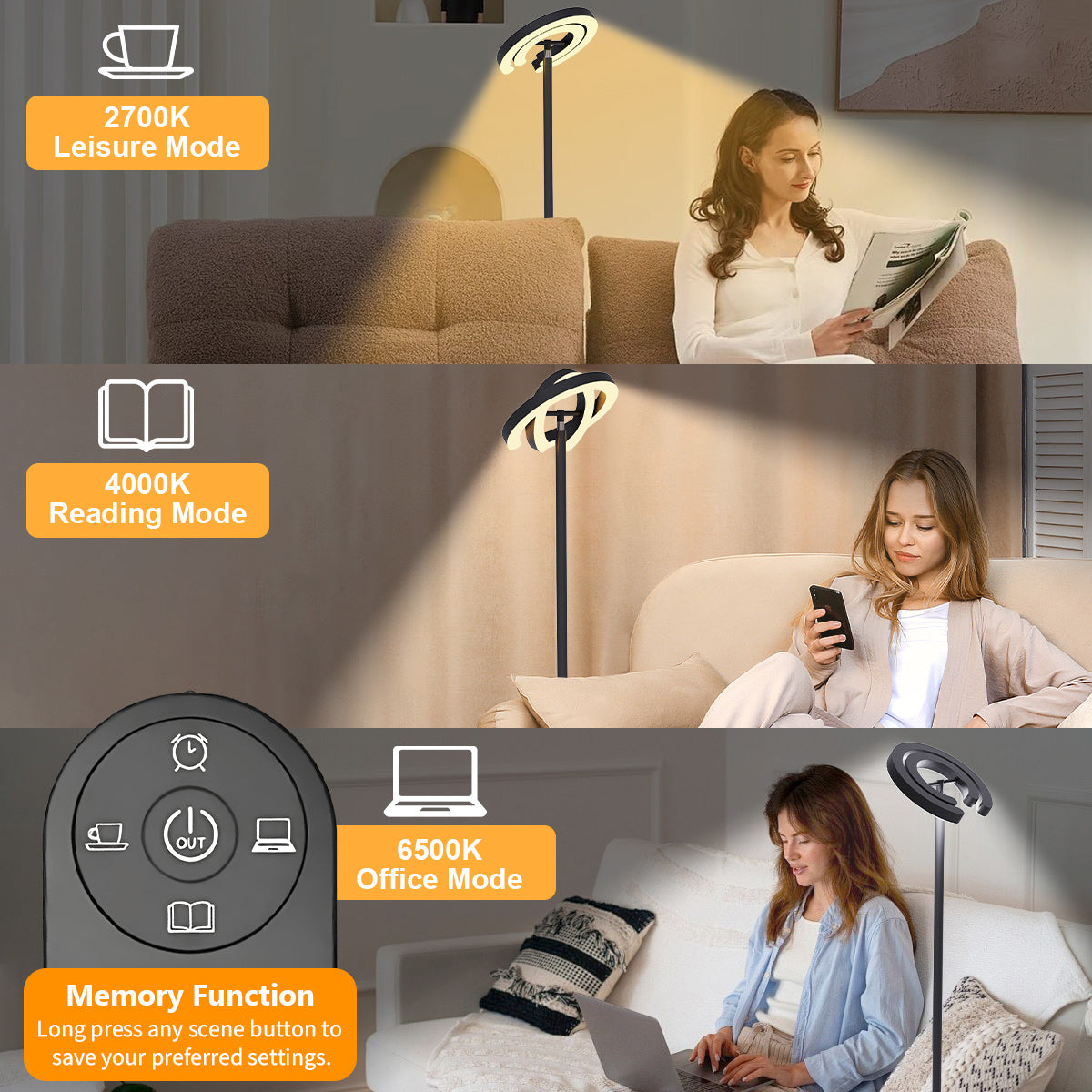 Modern Standing LED Floor Lamp with 2 Rotatable Lights, Remote & Touch Control, Bright Stepless Dimmable, Ideal for Living Room