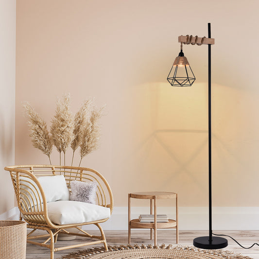 110V Retro Smart Floor Lamp Durable Tall Standing Lamp Adjustable Height with Rattan Lampshade & Extended Power Cord