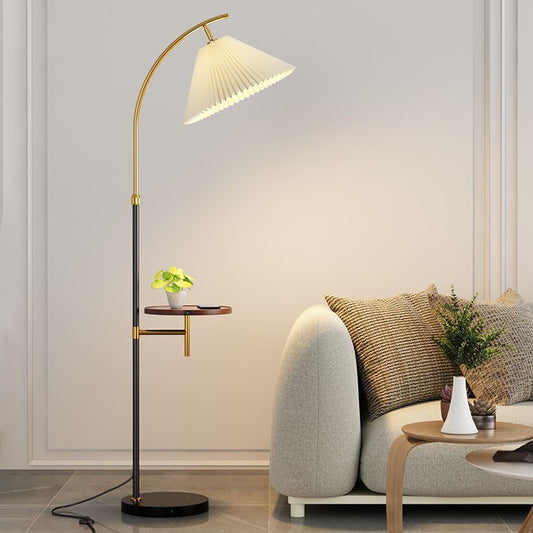Fabric Floor Lamp with Table Nordic Pleated Standing Light for Living Room Sofa Bedroom Study Marble Vertical Desk Lamps