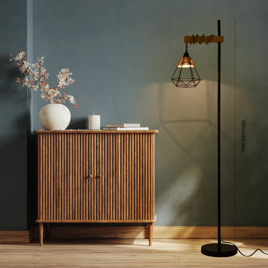 110V Retro Smart Floor Lamp Durable Tall Standing Lamp Adjustable Height with Rattan Lampshade & Extended Power Cord