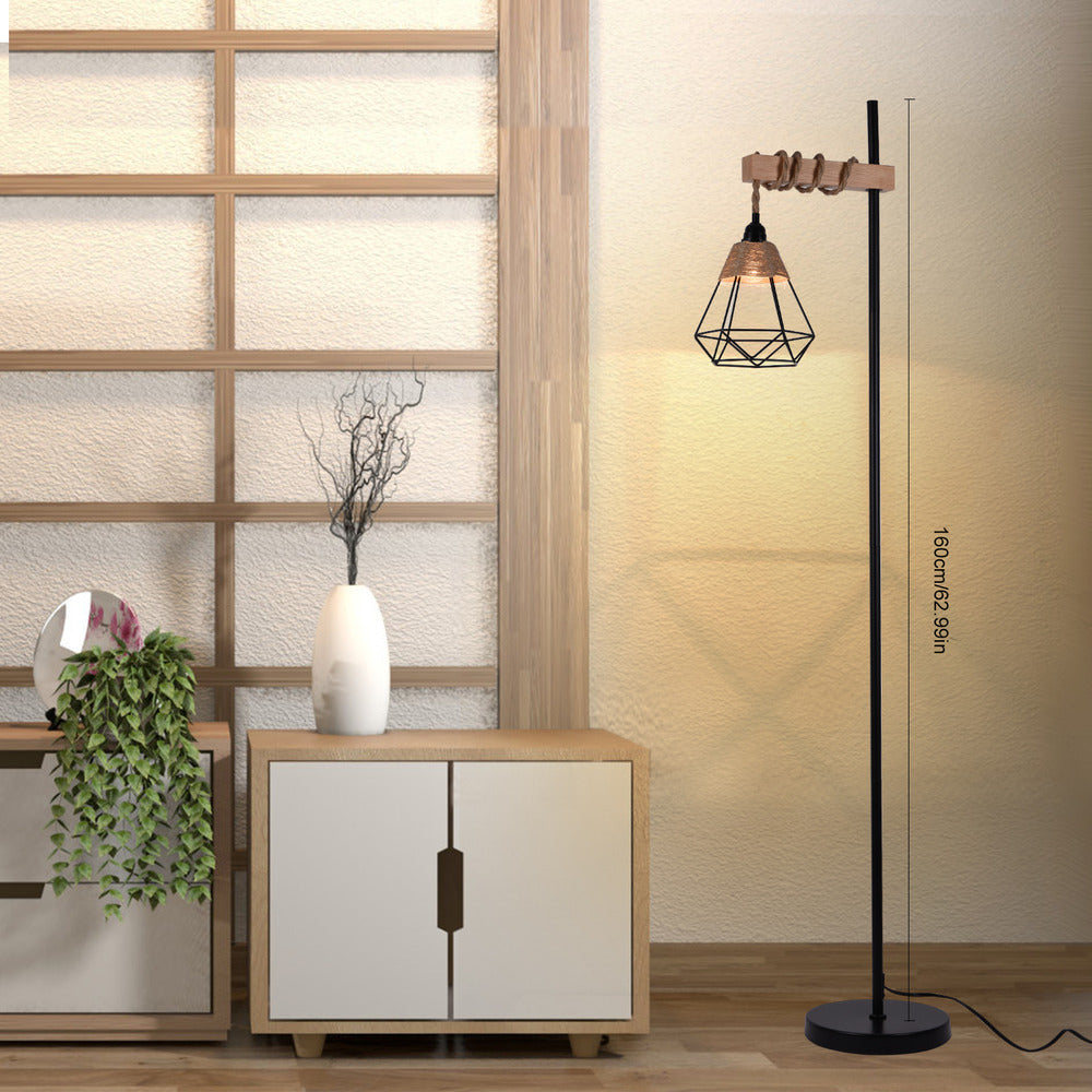 110V Retro Smart Floor Lamp Durable Tall Standing Lamp Adjustable Height with Rattan Lampshade & Extended Power Cord